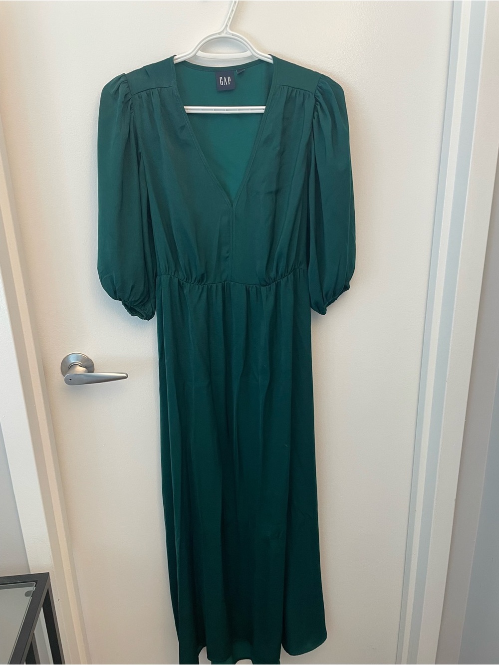 GAP Deep Teal V-Neck Midi Dress with Puff Sleeves